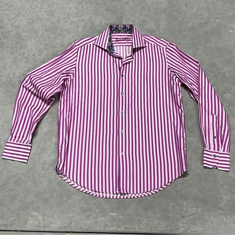 ROBERT GRAHAM Button Front Dress Shirt Pink Stripe Reverse Paisley Cuff Sz 15.5